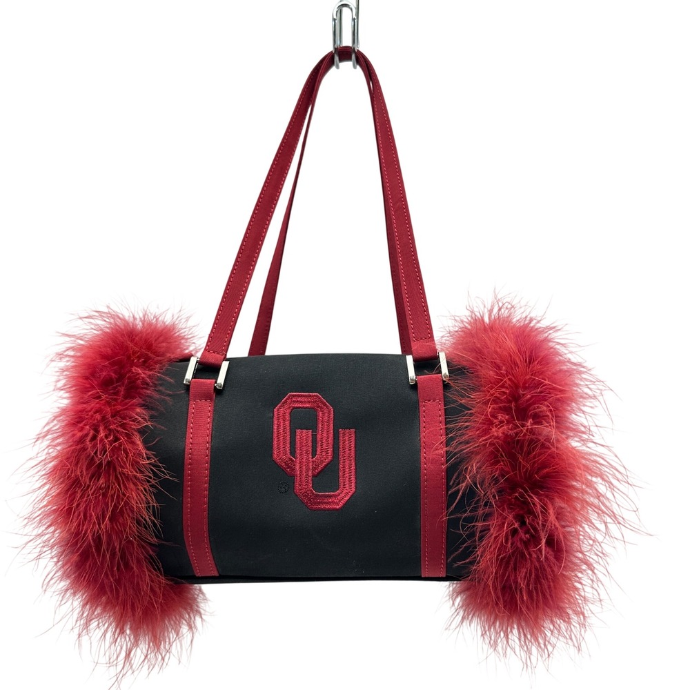 University of Oklahoma Sooners Crimson Black Feather Trim Barrel Bag Handbag